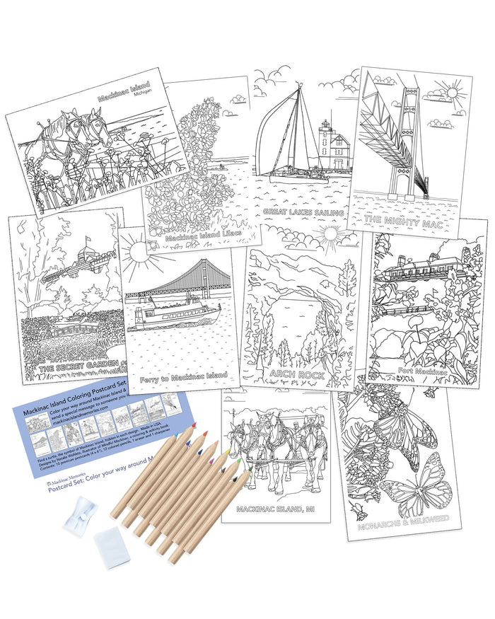 Coloring postcard set with Mackinac Island illustrations and colored pencils, a sharpener and eraser.