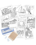Coloring postcard set with Mackinac Island illustrations and colored pencils, a sharpener and eraser.