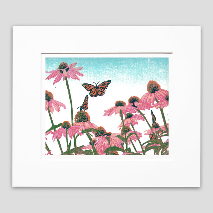 Contemporary monarch art by printmaker Natalia Wohletz of Peninsula Prints, Michigan, titled Coneflower Patch.