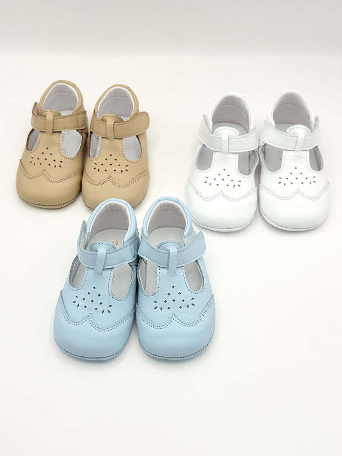 Crib Shoe T-Strap Stone Baby Blue