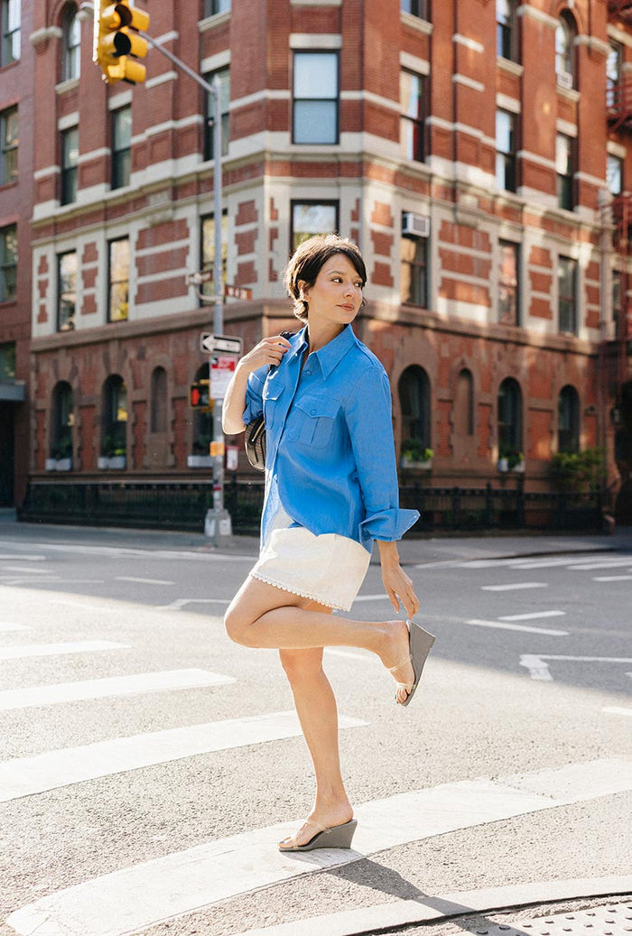 Petite Studio's Dana Linen Shirt Jacket in Blue