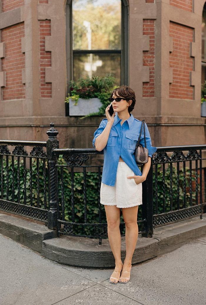 Petite Studio's Dana Linen Shirt Jacket in Blue