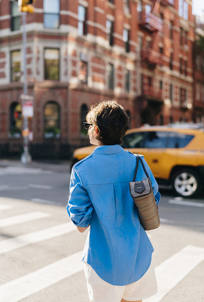 Petite Studio's Dana Linen Shirt Jacket in Blue