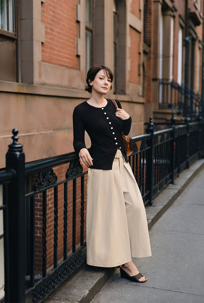 Petite Studio's Darby Wide-Leg Cotton Pants in Beige