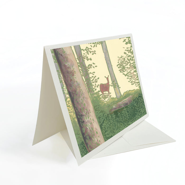 Deer in the Woods.  A casually elegant card featuring a digital reproduction of a block print design with the same title by Natalia Wohletz of Peninsula Prints, Milford and Mackinac Island, Michigan.