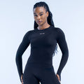 Fitted black long sleeve top with crew neck and small chest logo