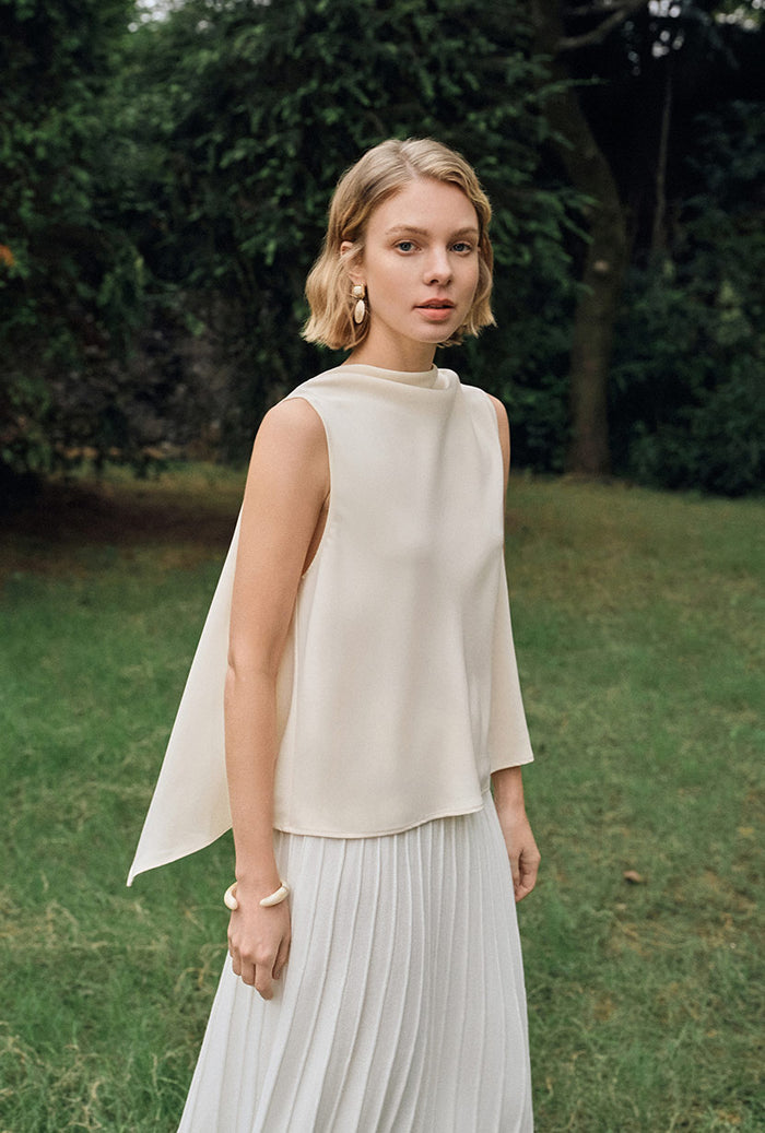 Petite Studio's Didi Cowl Neck Flared Top in Cream