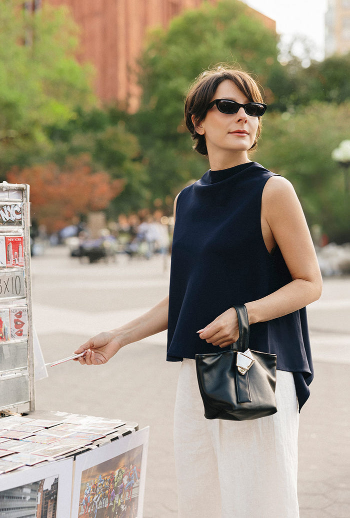 Petite Studio's Didi Cowl Neck Flared Top in Navy