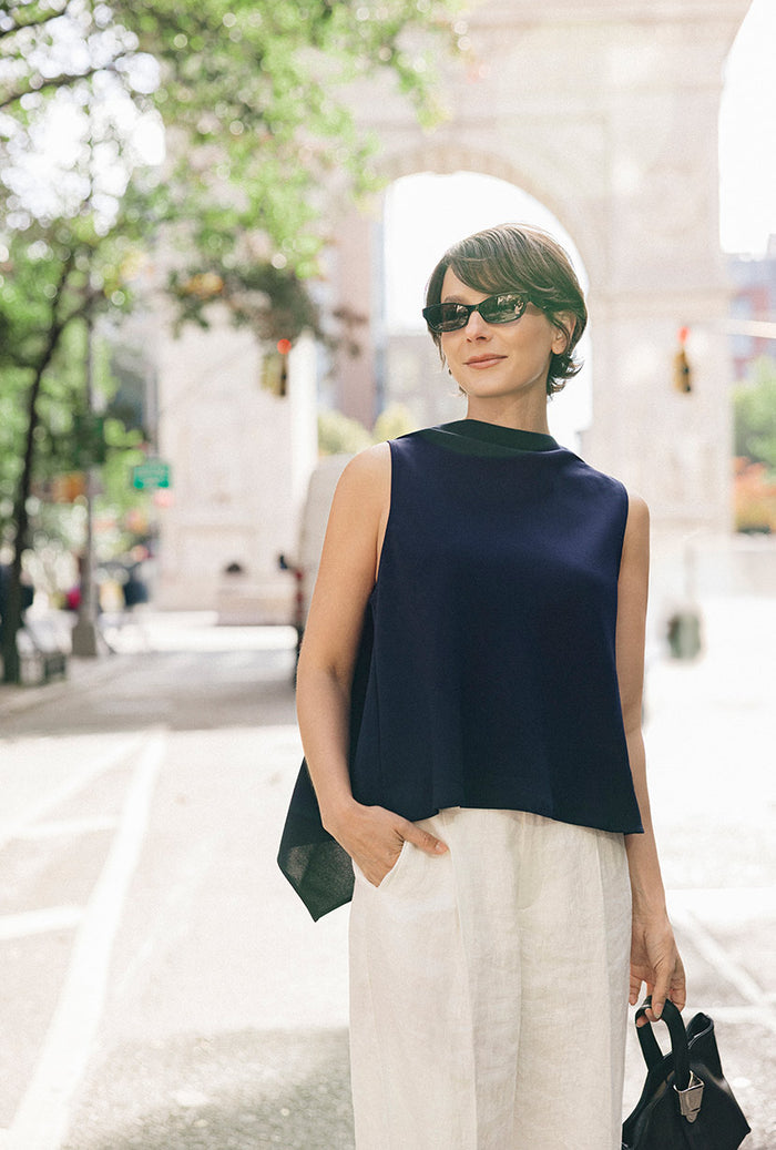 Petite Studio's Didi Cowl Neck Flared Top in Navy