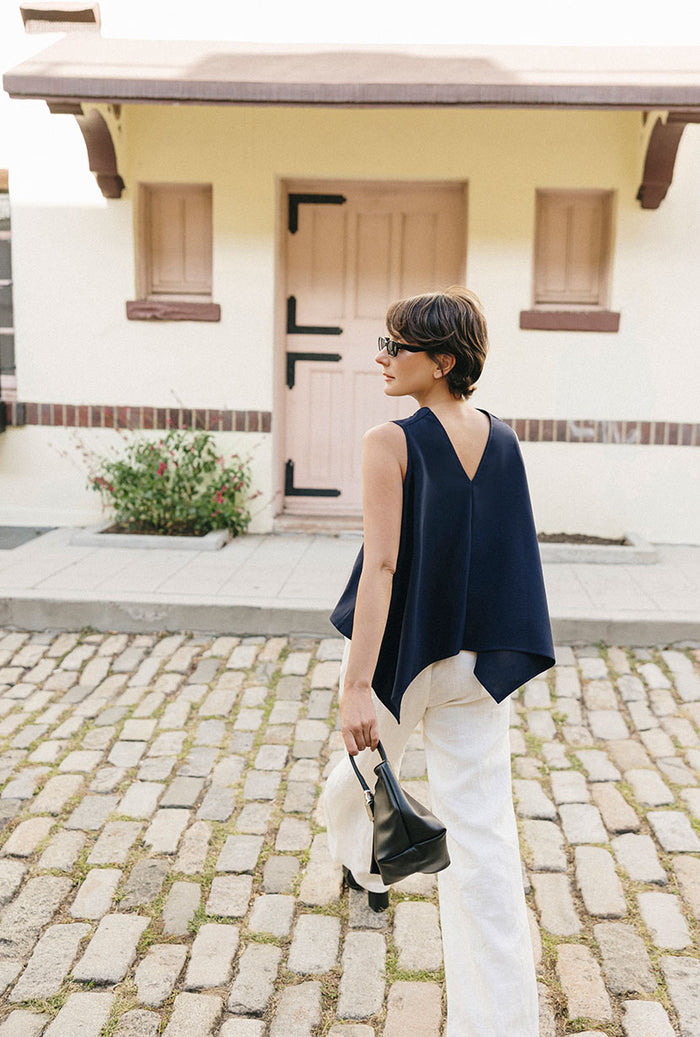 Petite Studio's Didi Cowl Neck Flared Top in Navy