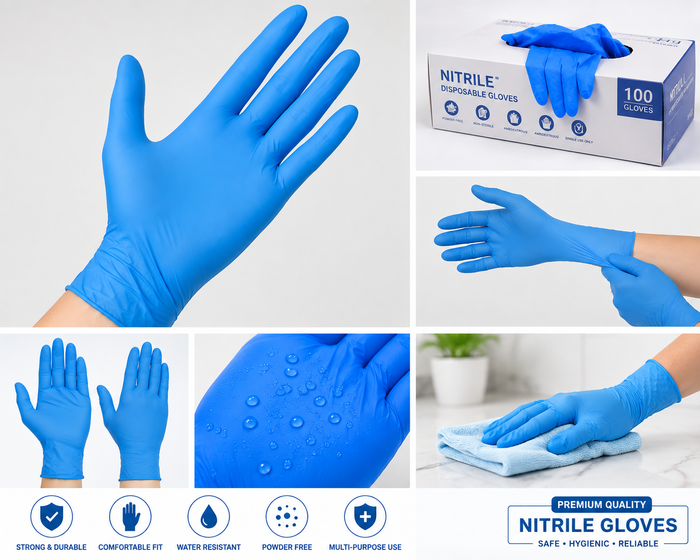 Blue disposable PVC protective gloves, box of 100