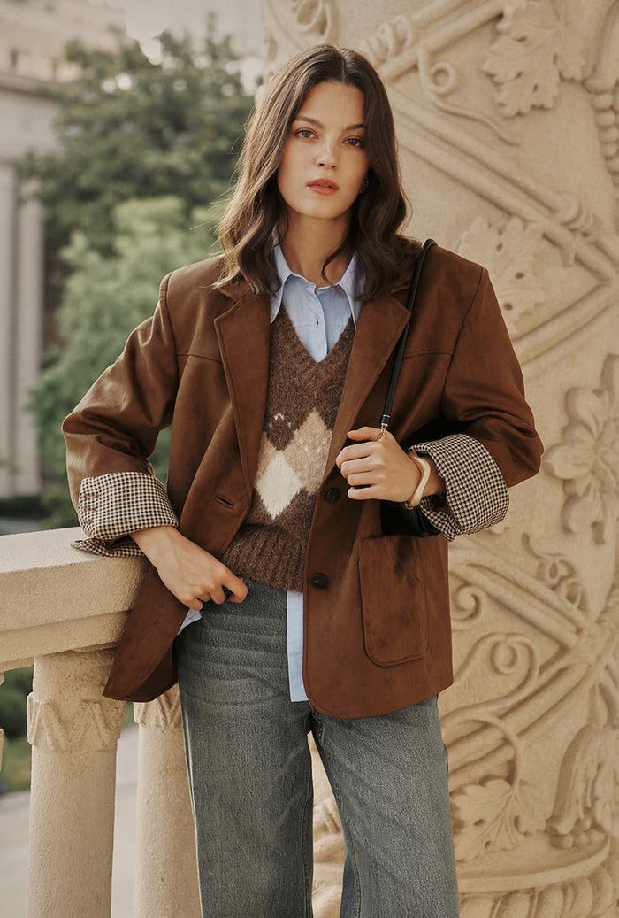 Petite Studio's Dominique Oversized Suede Blazer in Caramel