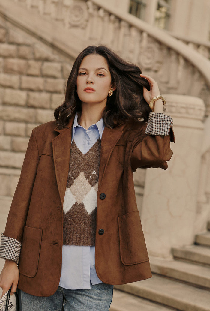 Petite Studio's Dominique Oversized Suede Blazer in Caramel