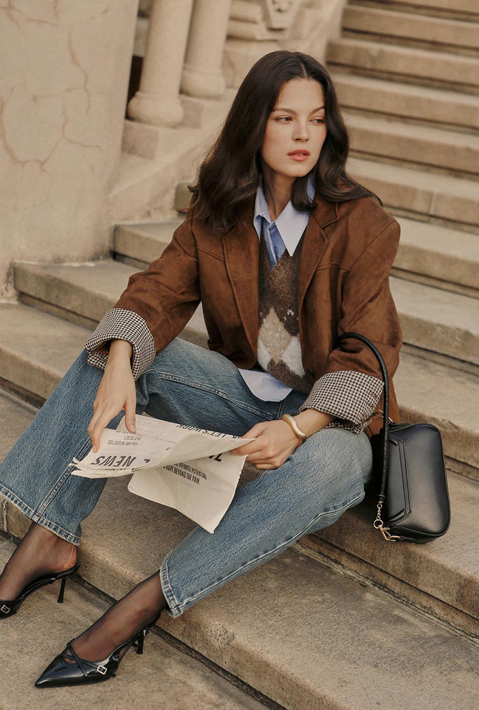 Petite Studio's Dominique Oversized Suede Blazer in Caramel