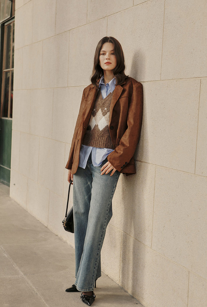Petite Studio's Dominique Oversized Suede Blazer in Caramel