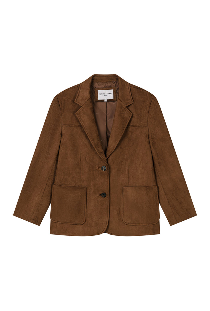 Petite Studio's Dominique Oversized Suede Blazer in Caramel