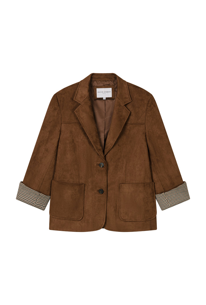 Petite Studio's Dominique Oversized Suede Blazer in Caramel