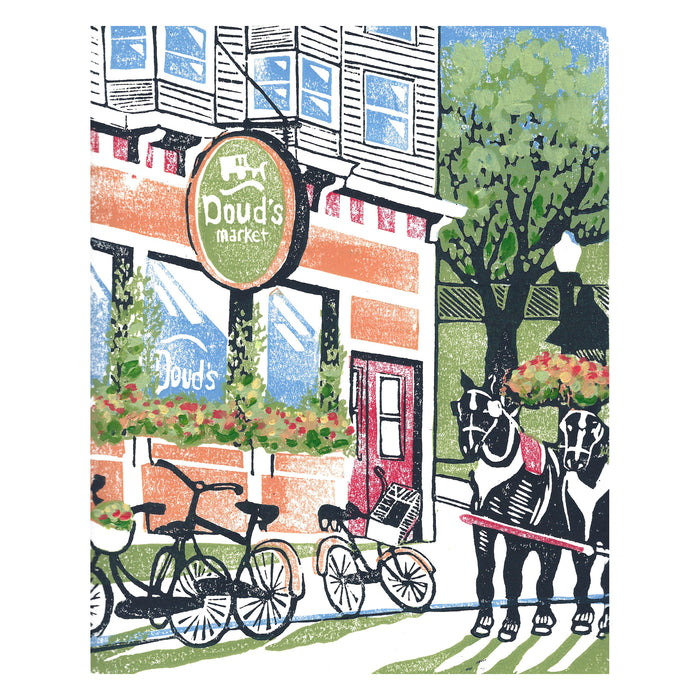 Doud's Market II  Original Block Print by Natalia Wohletz of Peninsula Prints, Mackinac Island, Michigan.