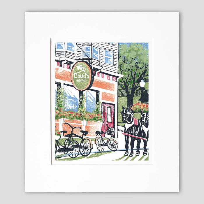 Mackinac Island art by printmaker Natalia Wohletz of Peninsula Prints titled Doud's Market.