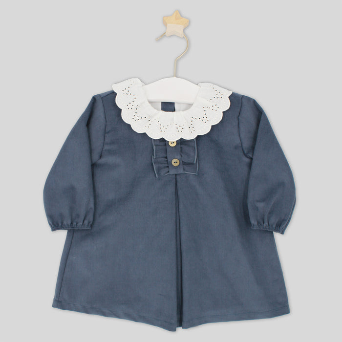 Blue dress with white lace collar on a hanger against a light gray background