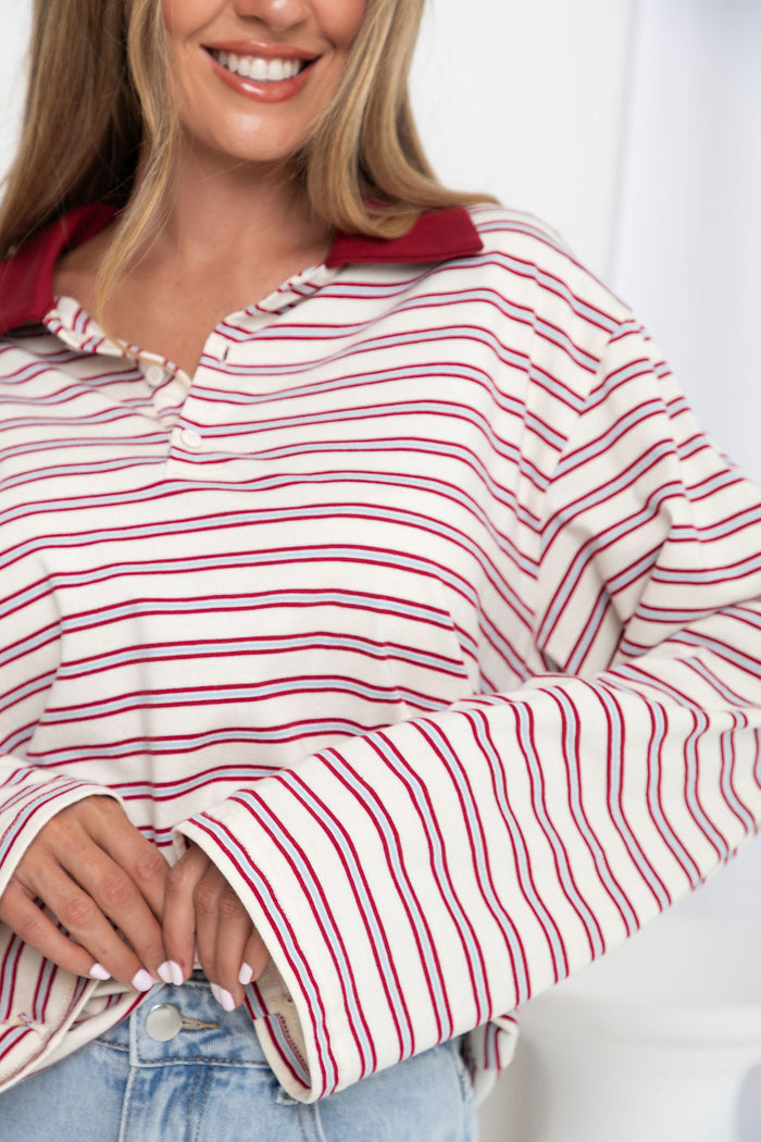 Drew Rugby Jersey Top - Cream with Red & Blue Stripes - The Self Styler