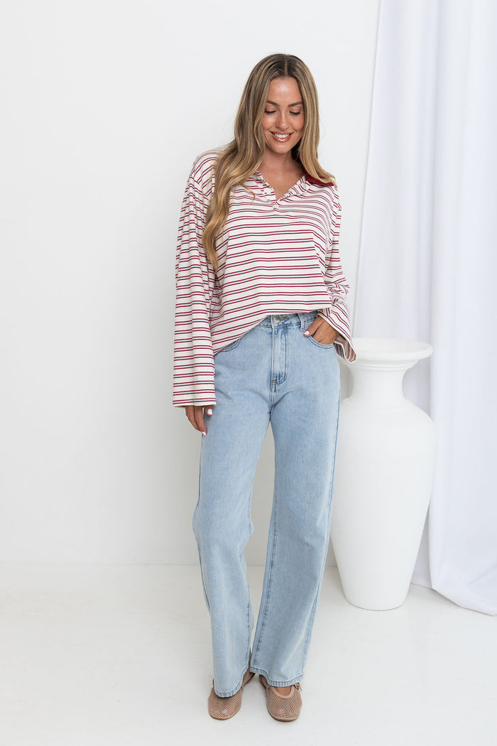 Drew Rugby Jersey Top - Cream with Red & Blue Stripes - The Self Styler