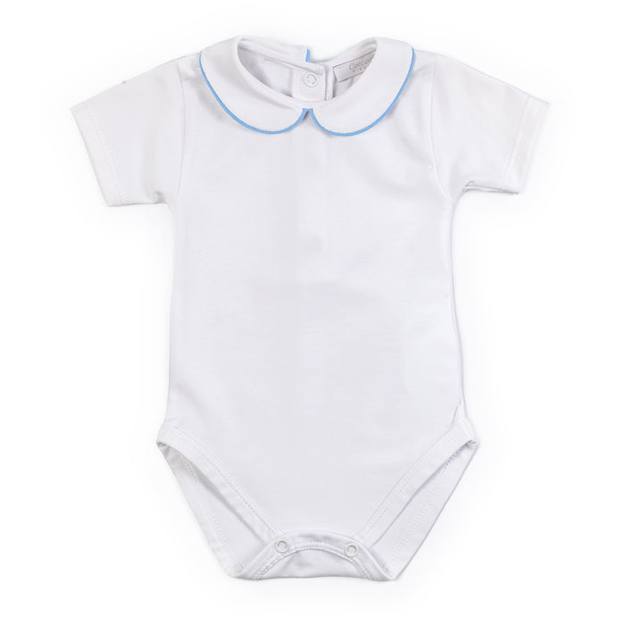 White baby bodysuit with blue trim on a white background