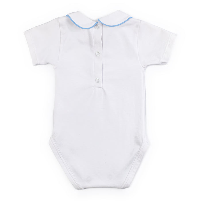White baby romper with blue trim on a white background