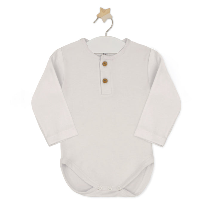 White baby bodysuit with buttons on a white background