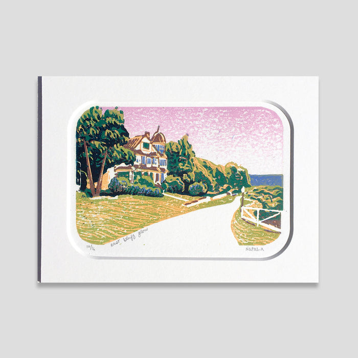 Mackinac Island art featuring a Victorian cottage by printmaker Natalia Wohletz of Peninsula Prints, Michigan, titled East Bluff Glow.
