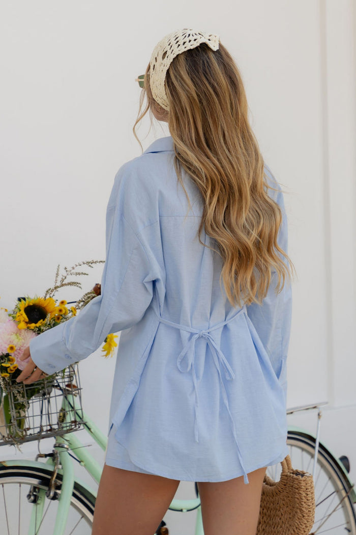 Eden Tie-Back Cotton Linen Shirt - Blue