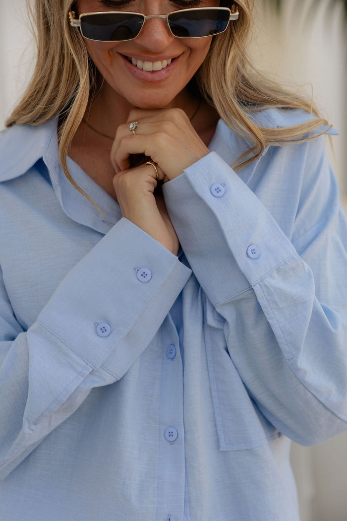 Eden Tie-Back Cotton Linen Shirt - Blue