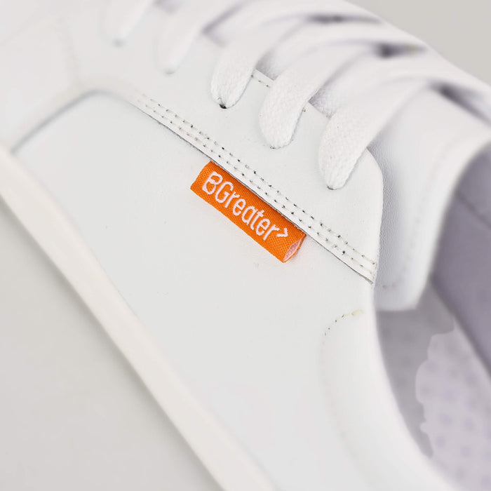 Girls & Boys White Edgley Trainer | Kids Barefoot Shoes | label close up