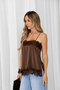 Elce Satin Lace Cami Top - Chocolate