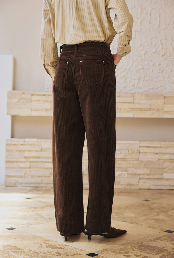 Petite Studio's Emani Corduroy Barrel Pants in Brown