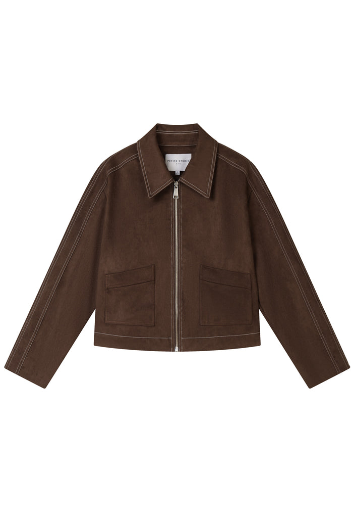 Petite Studio's Emmette Cropped Suede Jacket in Chocolate