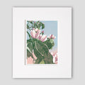 Flower art by printmaker Natalia Wohletz of Peninsular Prints titled En el Jardin. Inspired by a Mackinac Island garden.  A reduction block print carved and printed in Michigan.