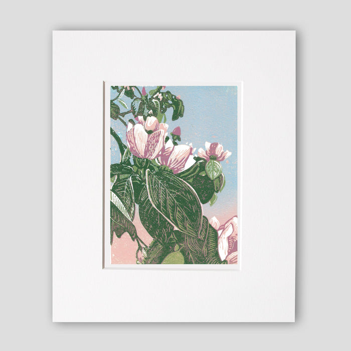 Flower art by printmaker Natalia Wohletz of Peninsular Prints titled En el Jardin. Inspired by a Mackinac Island garden.  A reduction block print carved and printed in Michigan.