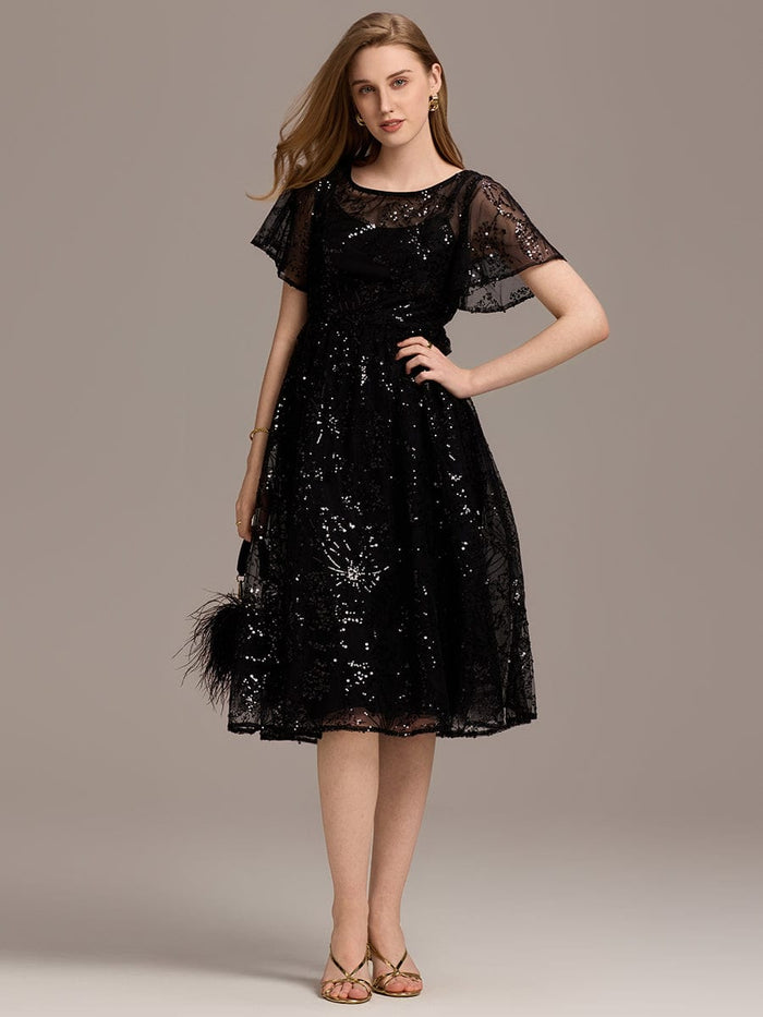 Sheer Ruffle Sequin Wedding Guest Dresses #color_Black