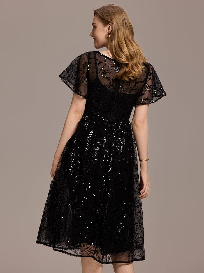 Sheer Ruffle Sequin Wedding Guest Dresses #color_Black