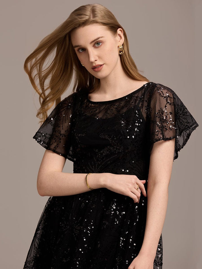 Sheer Ruffle Sequin Wedding Guest Dresses #color_Black