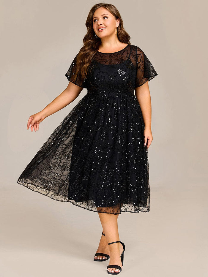 Sheer Ruffle Sequin Wedding Guest Dresses #color_Black