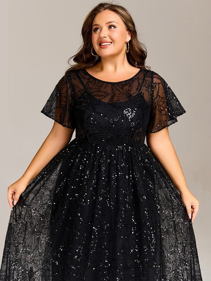 Sheer Ruffle Sequin Wedding Guest Dresses #color_Black