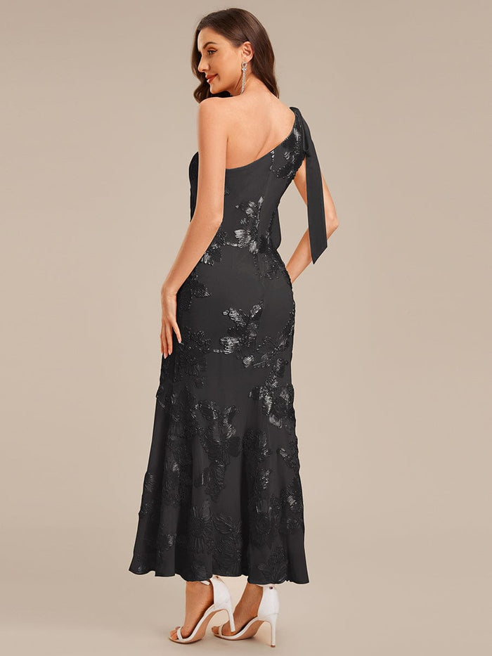 Flowing Ribbon Mesh Mermaid Formal Dress #color_Black