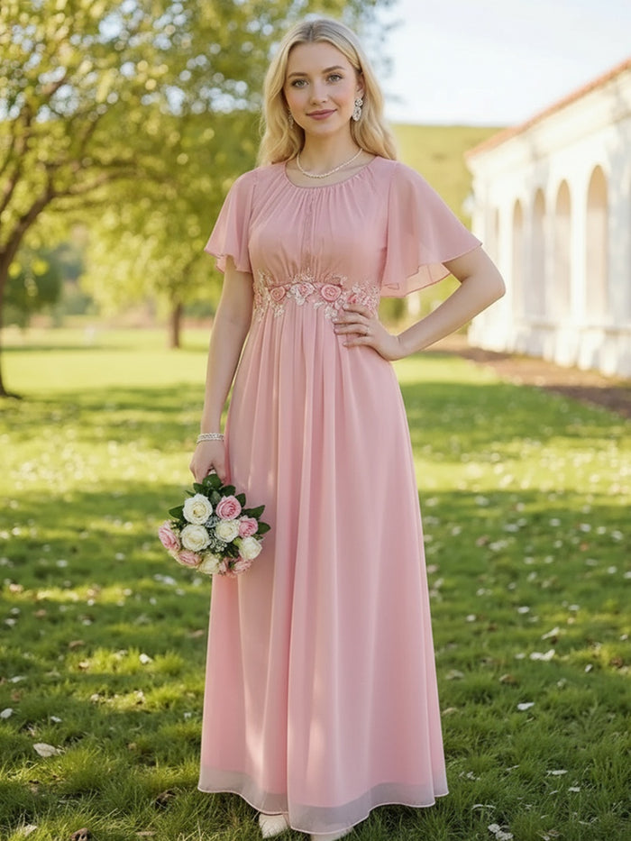 Pleated Applique Maxi Bridesmaid Dress #color_Pink