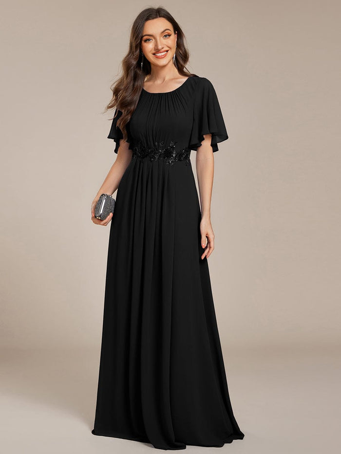 Pleated Applique Maxi Bridesmaid Dress #color_Black
