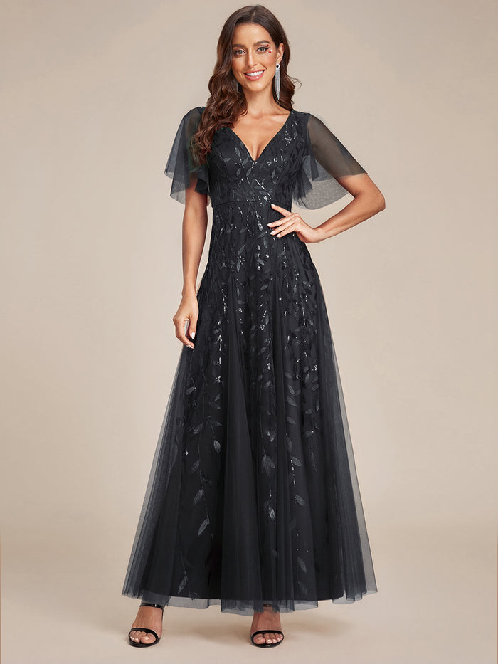 Elegant Ruffle Sleeves Maxi Sequin Mother of the Bride Dress #color_Black