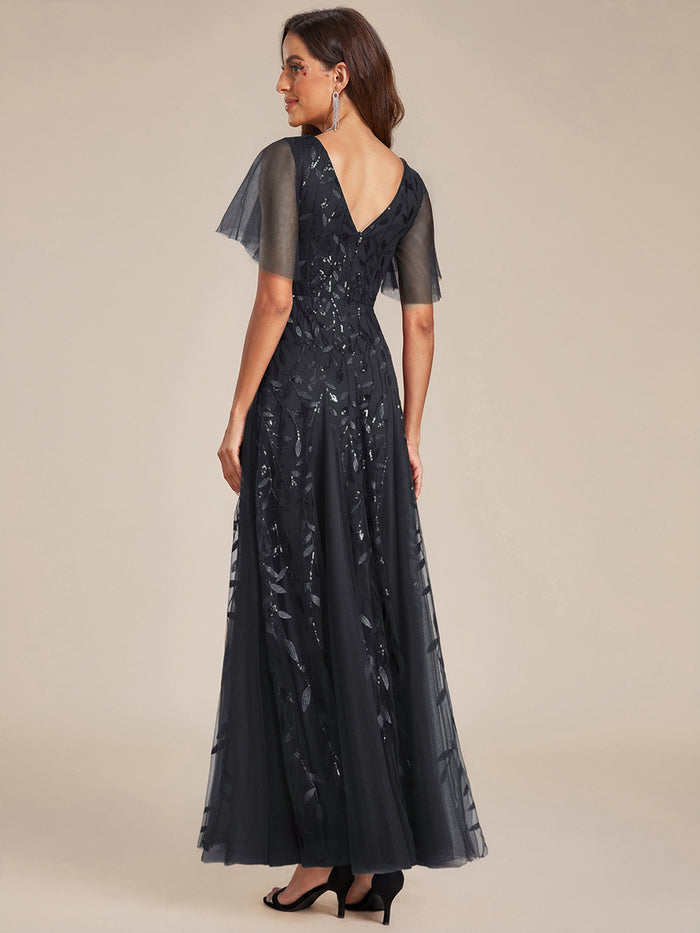 Elegant Ruffle Sleeves Maxi Sequin Mother of the Bride Dress #color_Black