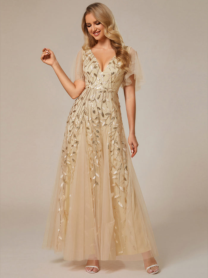 Elegant Ruffle Sleeves Maxi Sequin Mother of the Bride Dress #color_Gold