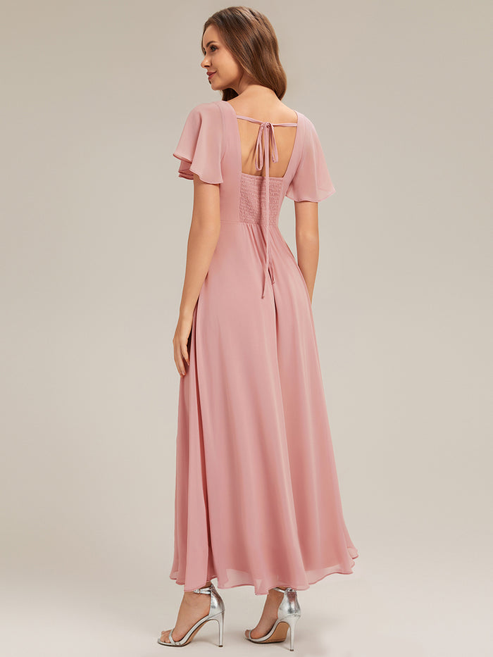 Ruched Chiffon Ruffle Sleeve Bridesmaid Dress #color_Dusty Rose